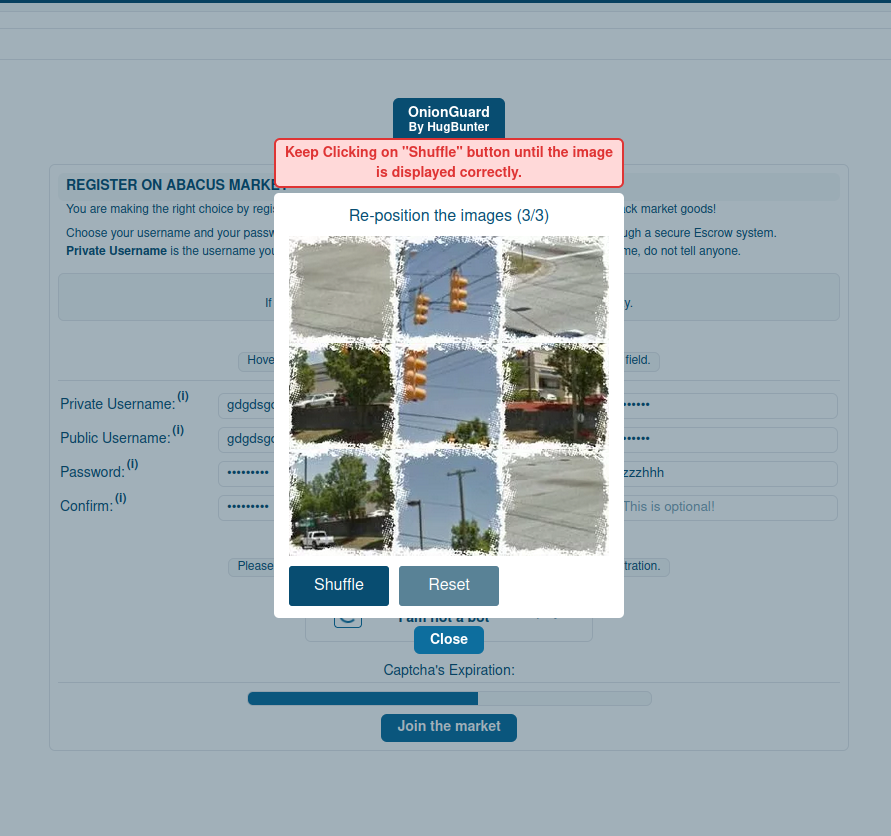 Abacus market Step 3 – Shuffle CAPTCHA